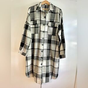 Long Black Gray Plaid Flannel Coat
